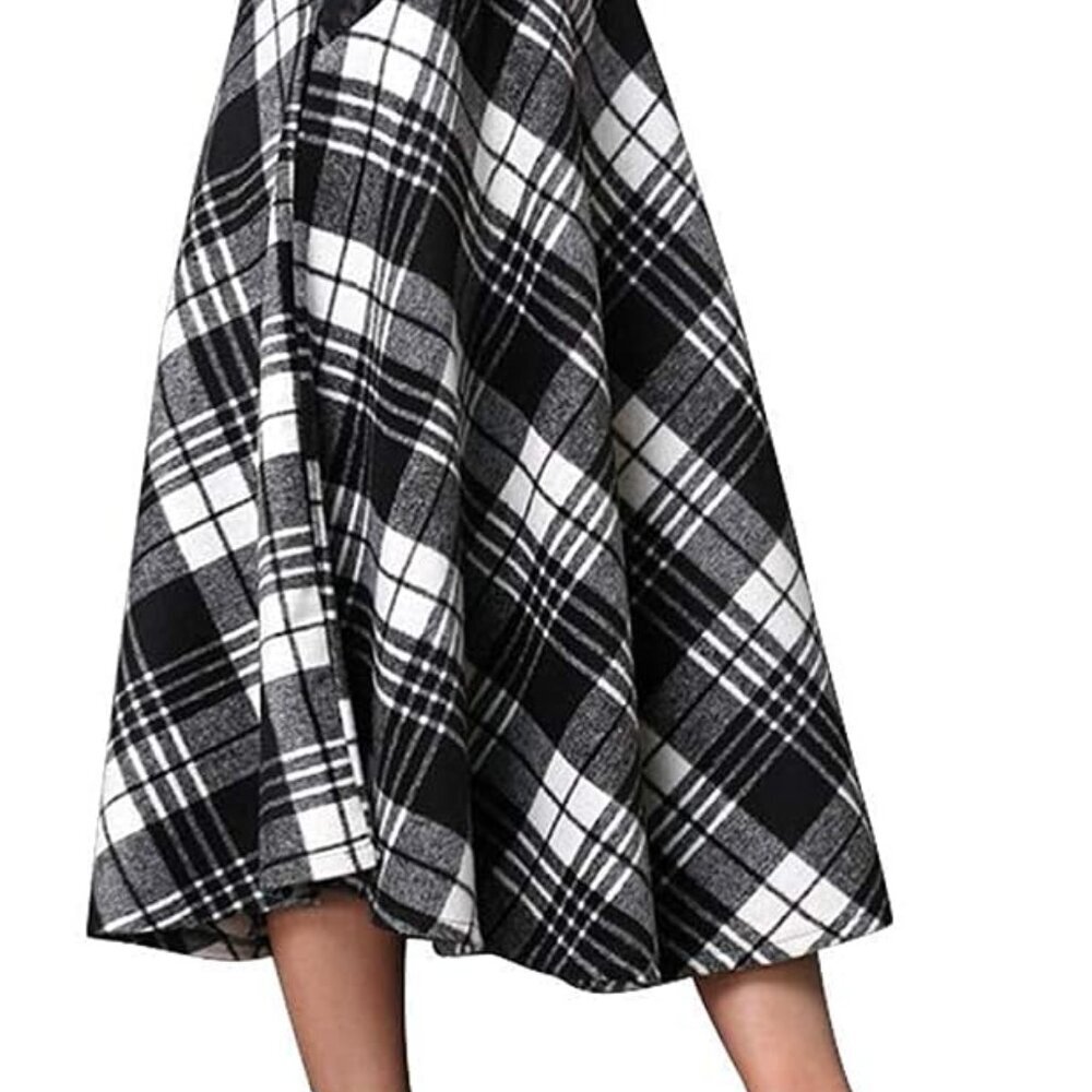 Womens Plaid Wool Skirts Elastic Waist A-Line Pleated Tartan Long Skirts